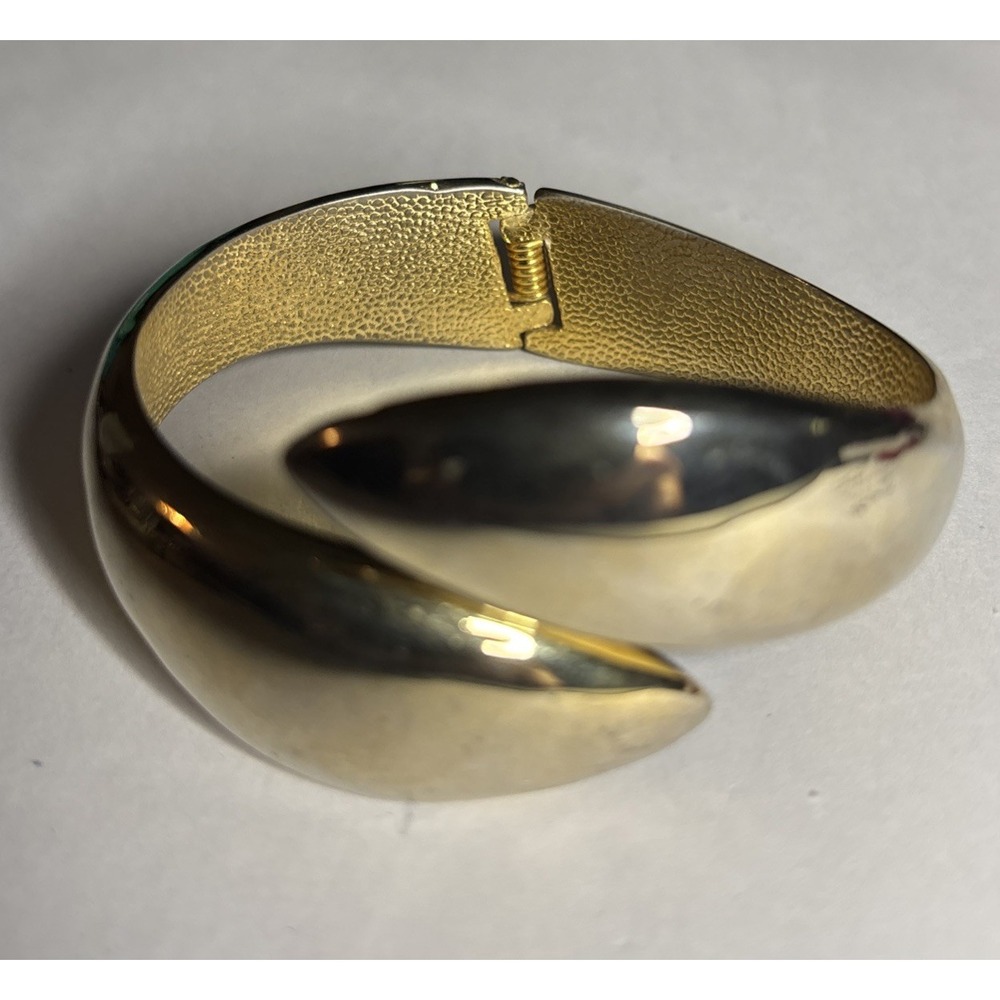 Vintage Gold Tone Modernist Bypass Hinged Clamper Bracelet Wide Statement